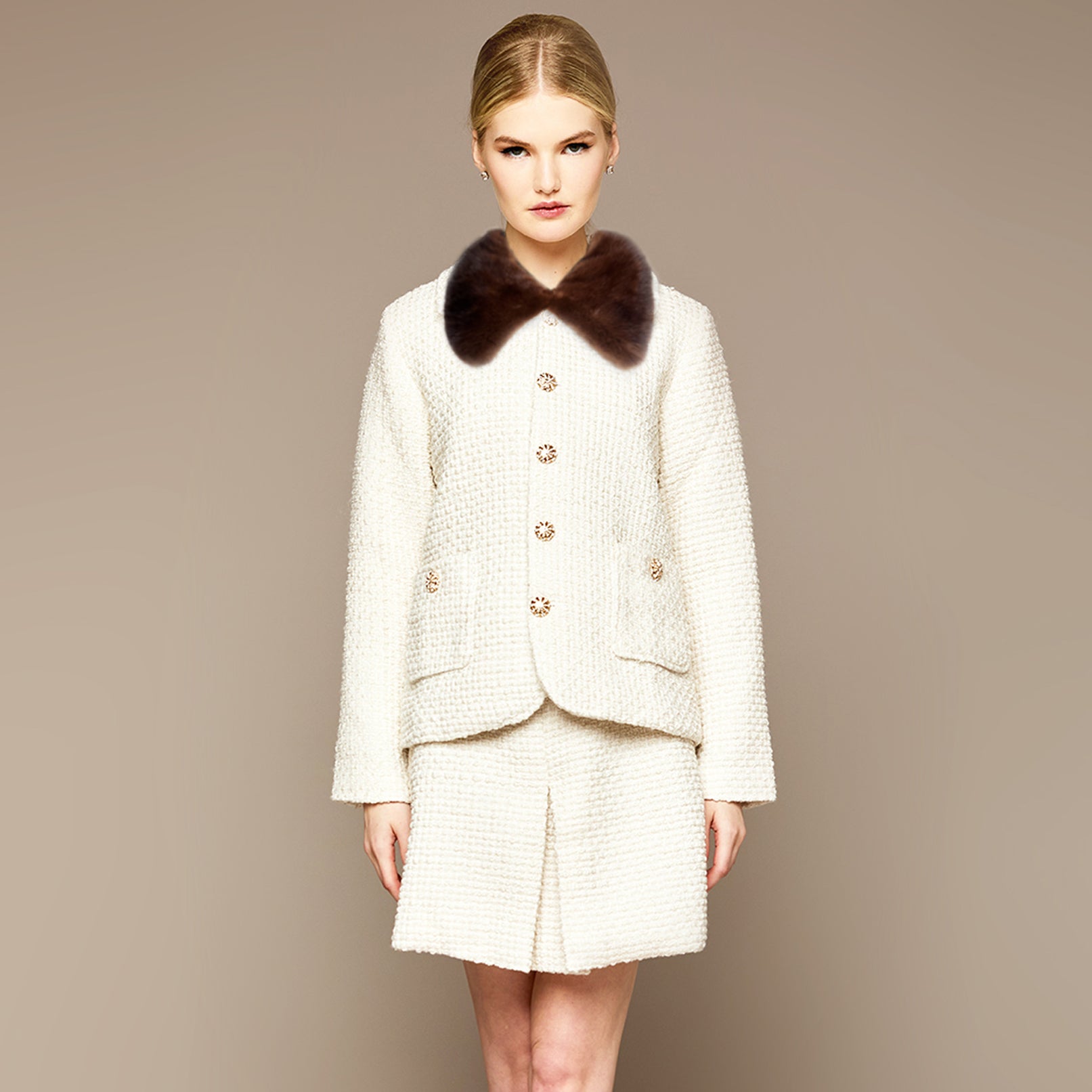 MME. AVANT GARDEN BOUCLÉ + MINK MINI SUIT - CREME