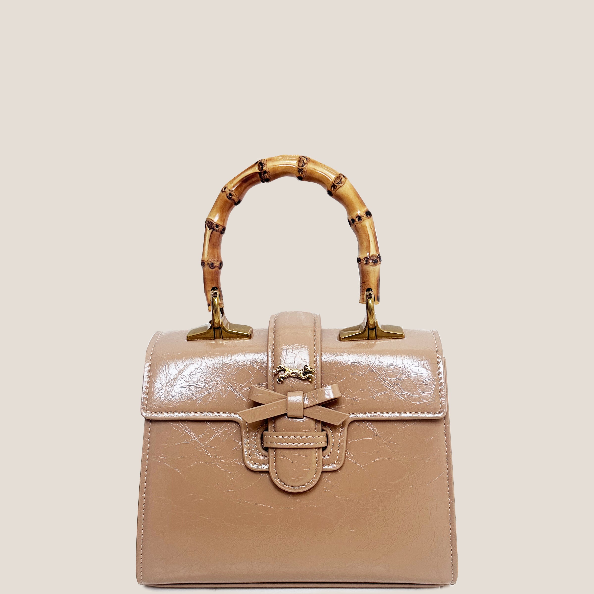 THE CARLTON BOW BAG 20cm - CAMEL "Crushed Patent"