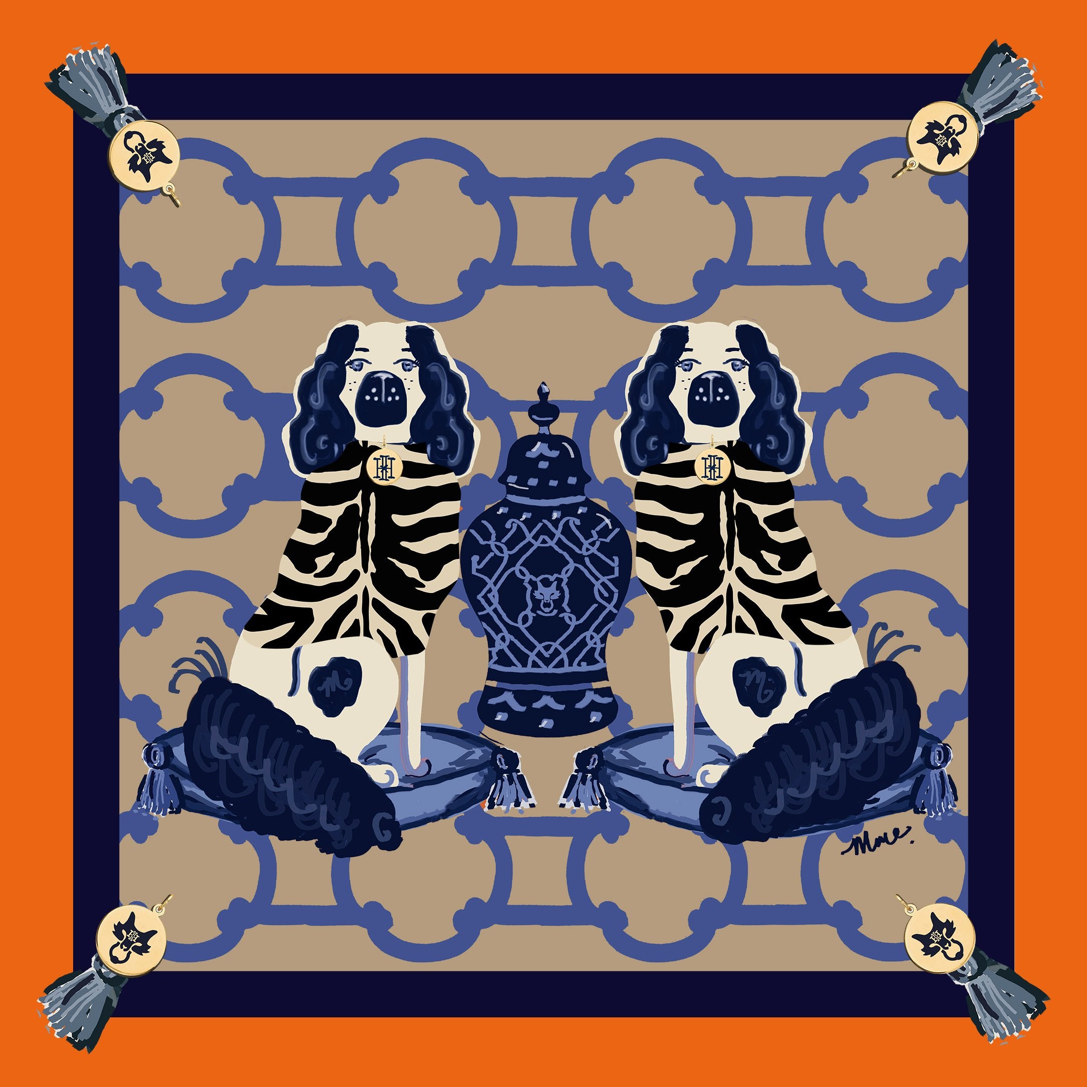MME. SIGNATURE STAFFORDSHIRE "HOUNDS" IN CLEMENTINE SCARF 20"X20"