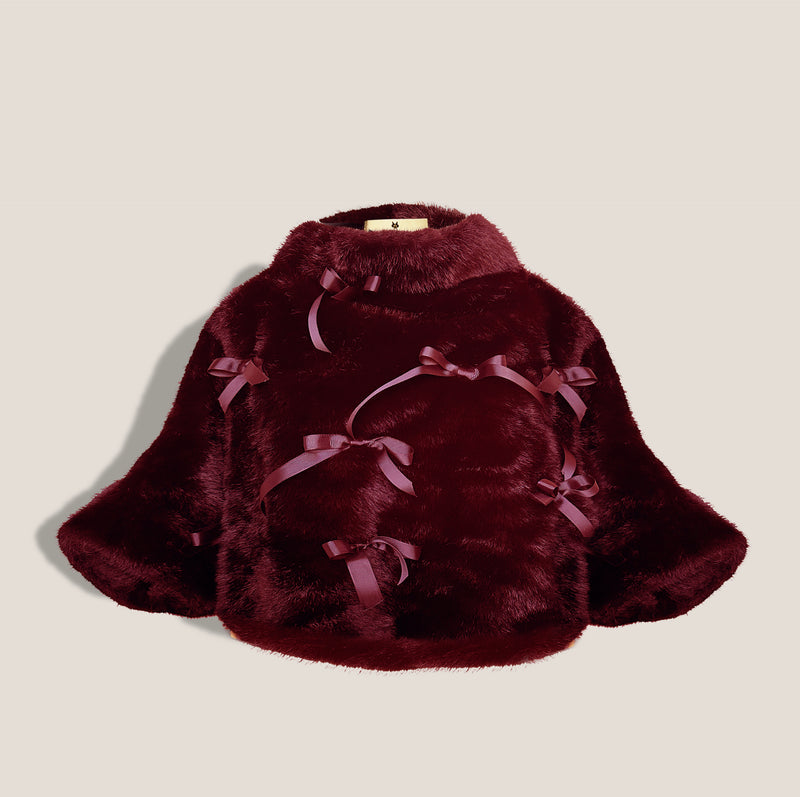 Mme.MINKMME. BOW Mink Poncho - Burgundy