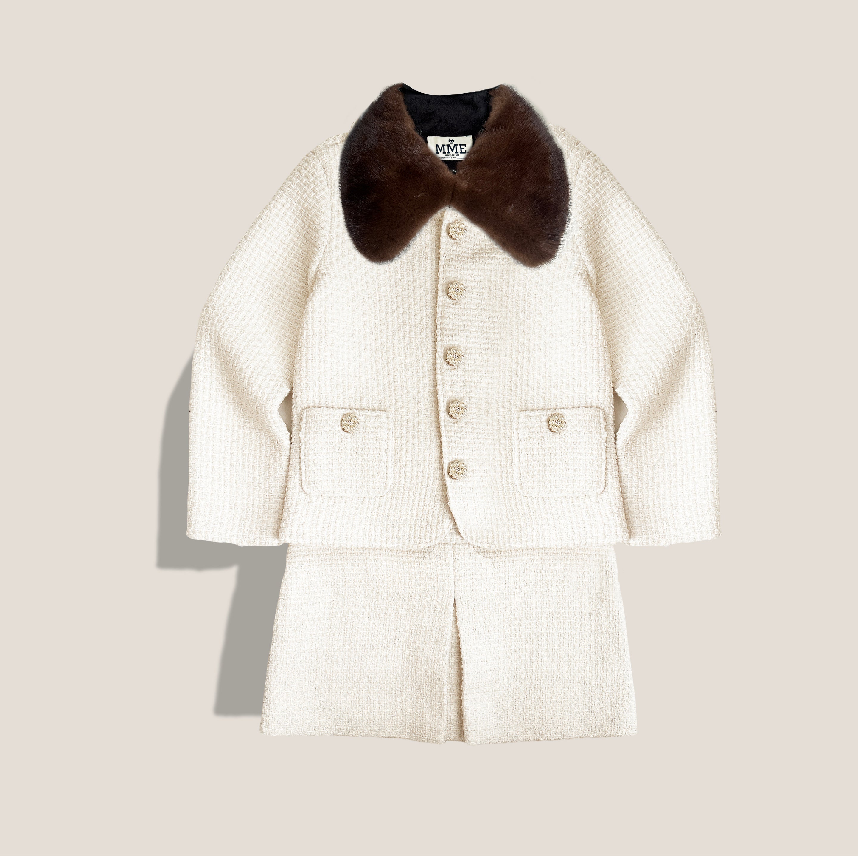 MME. AVANT GARDEN BOUCLÉ + MINK MINI SUIT - CREME