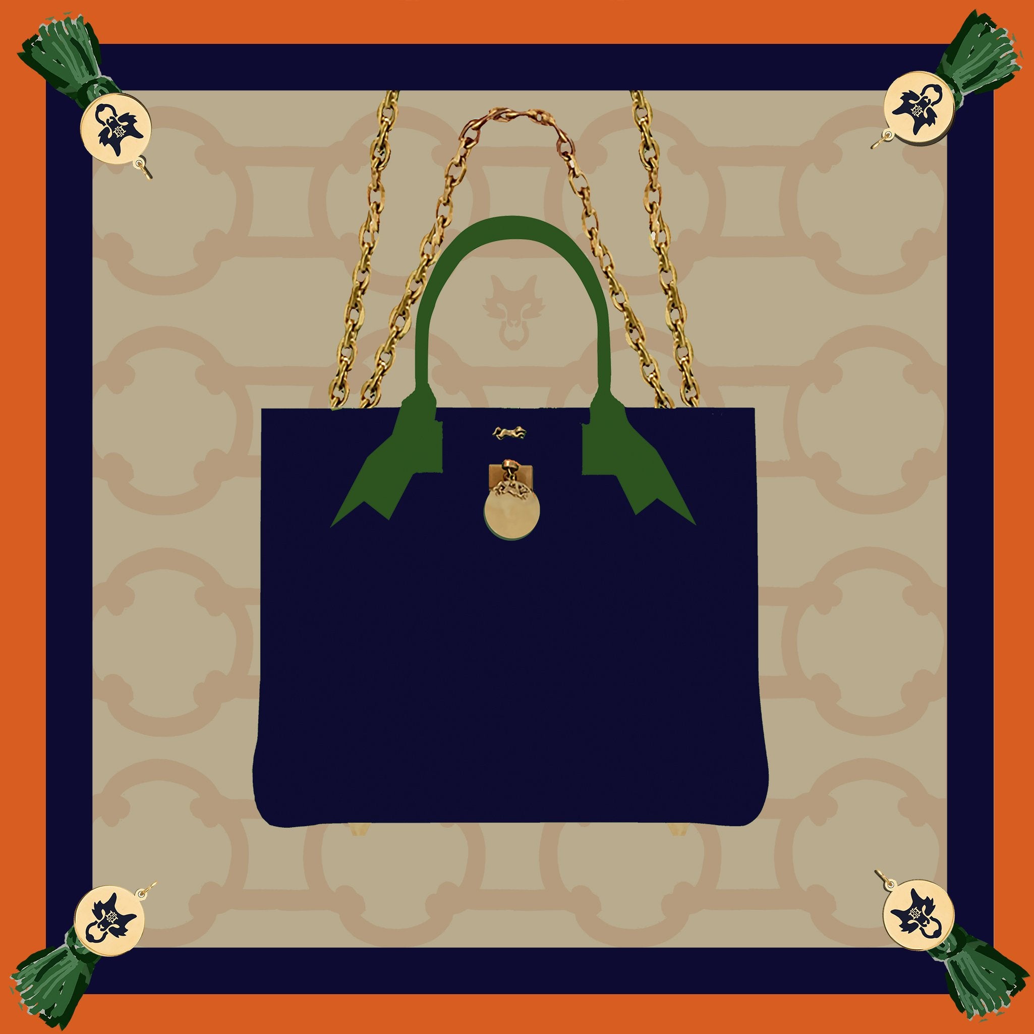 MME. FAMOUS "BRUNCH TOTE" IN NAVY SCARF 20"X20"