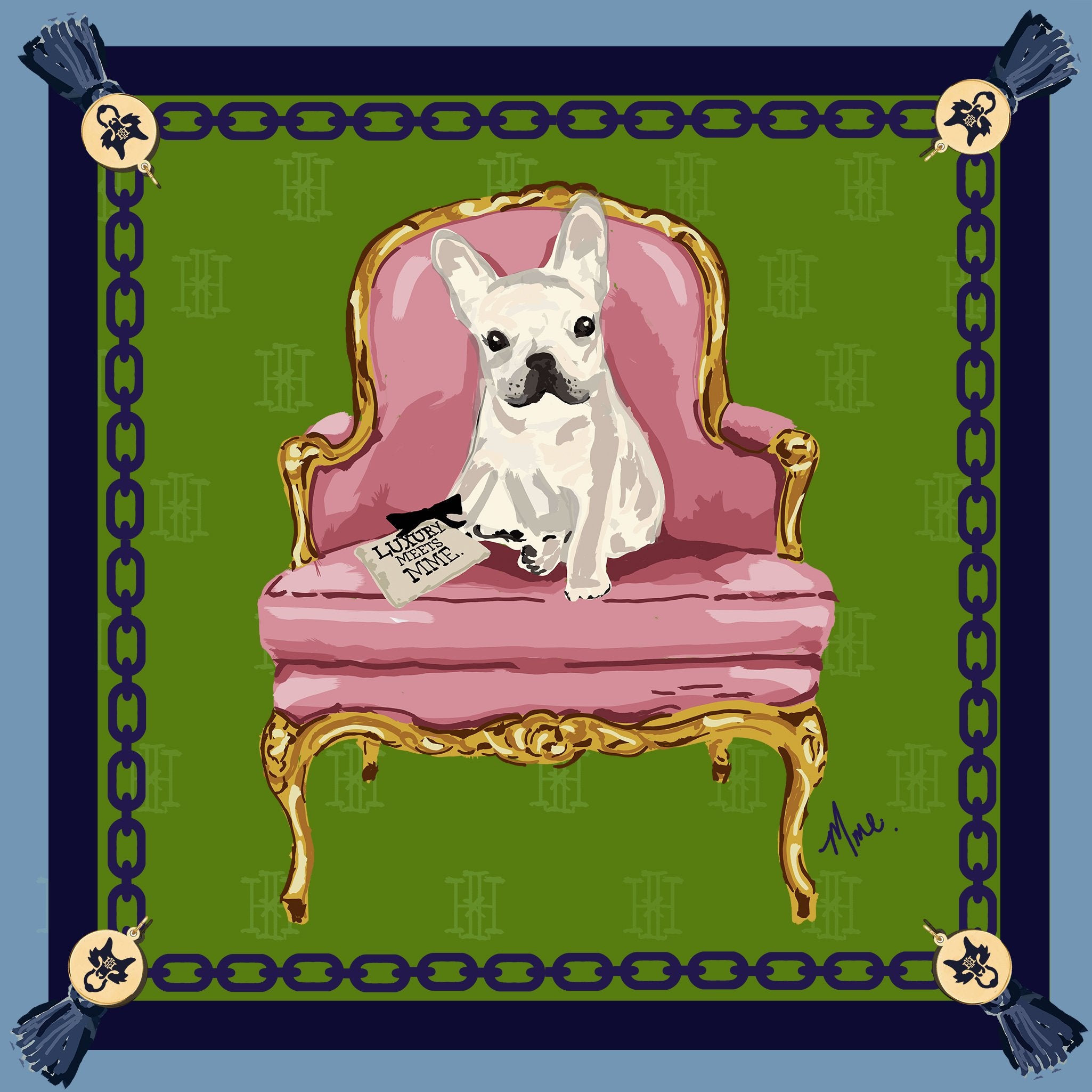 MME. SIGNATURE "SITTING PRETTY" IN NAVY SCARF 20"X20"